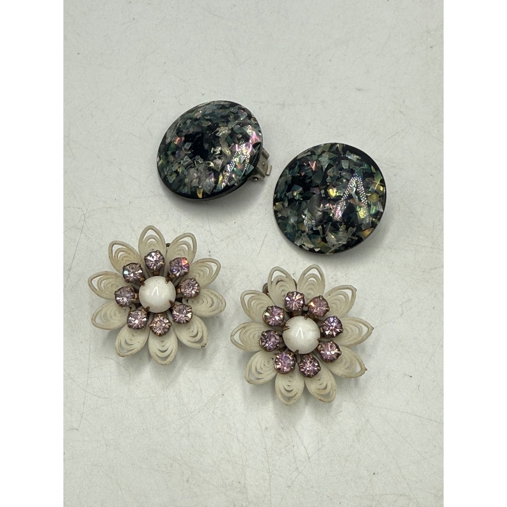 Vintage Clip On Earring Set Confetti Abalone Style Round & White Floral Lavender